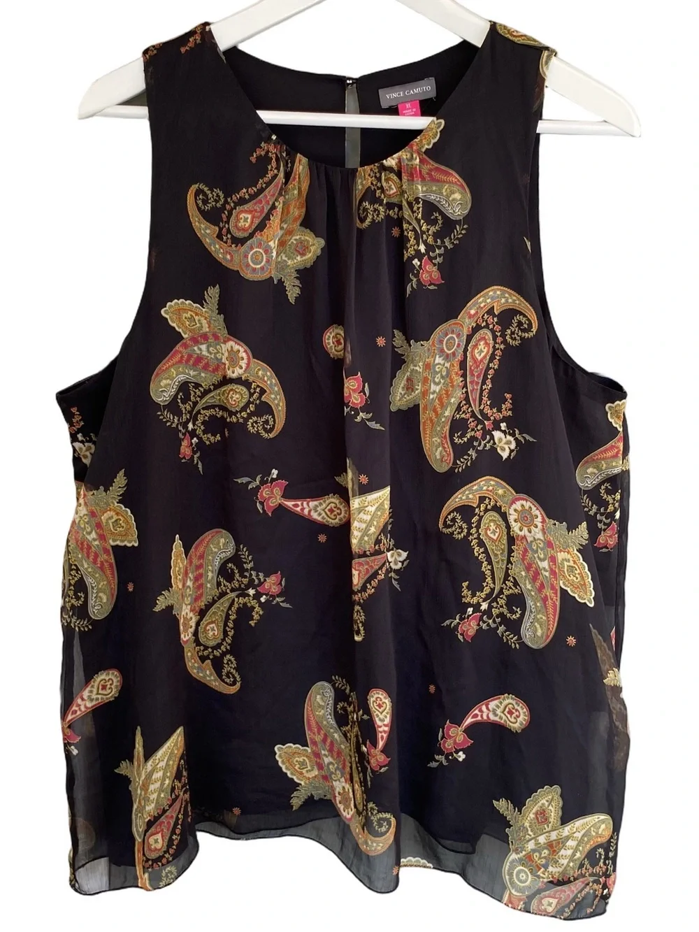 VINCE CAMUTO Top Blouse Sleeveless High Neck Rich Black Paisley Print Women XL - Picture 2 of 10